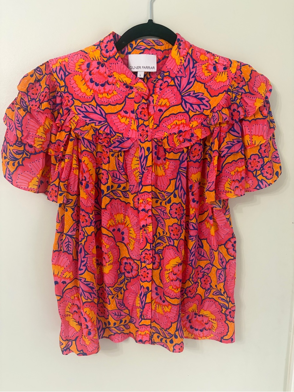 Gilner Farrar Pink Floral Ruffled Button-Up Blouse Quilted Top Tropical Summer